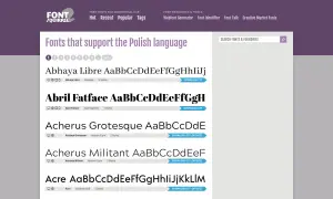 Strona Font Squirrel prezentuje czcionki wspierające język polski, w tym polskie znaki. Widać listę fontów: Abhaya Libre, Abril Fatface, Acherus Grotesque, Acherus Militant, Acre.