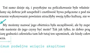 Fragment tekstu zaczynający się od nowego wiersza, z zaznaczonym "minimum podwójne wcięcie akapitowe".