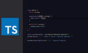 Kod TypeScript z klasą Movie, konstruktorem i metodą getTitle. Obok logo TypeScript. Użycie `js substring` w kontekście pobierania tytułu filmu.