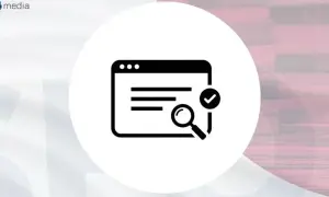Ikona przedstawia okno przeglądarki z lupą i zaznaczeniem, symbolizując jak sprawdzić czy strona jest zaindeksowana.