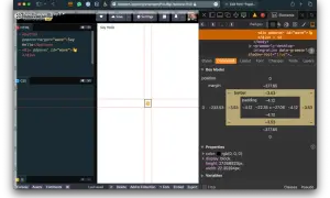 Kod HTML tworzy przycisk "Say Hello", który po kliknięciu wyświetla prosty html popup. Widoczny jest panel z narzędziami deweloperskimi.