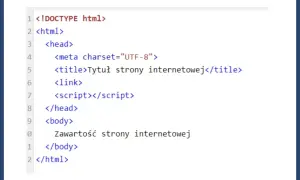 Fragment kodu HTML z podstawową strukturą strony: <!DOCTYPE html>, <html>, <head> z <title> i <body> z zawartością.