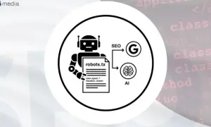 Grafika przedstawia robota trzymającego plik robots.txt, który wpływa na SEO i AI, symbolizowane przez logo Google i mózg.