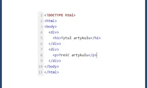 Kod HTML z nagłówkiem i akapitem. Widoczny jest znacznik `<h1>` dla tytułu i `p` dla treści artykułu.