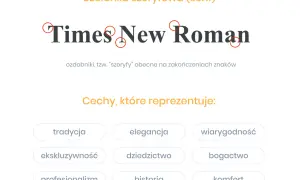 Kroje pisma przykłady: Times New Roman, czcionka szeryfowa z ozdobnikami. Reprezentuje tradycję, elegancję, wiarygodność.