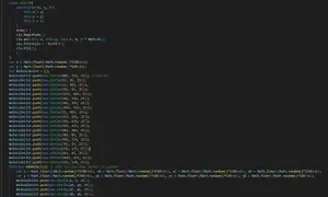Kod JavaScript tworzący obiekty `circle` i dodający je do listy `moleculeList`. Funkcja `addobject` pozwala na dynamiczne `push` nowych kół.