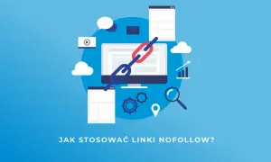 Grafika przedstawia komputer z ikonami symbolizującymi SEO i marketing cyfrowy. Centralnym elementem jest łańcuch, który może symbolizować linkowanie. Pytanie "JAK STOSOWAĆ LINKI NOFOLLOW?" sugeruje, że obraz dotyczy strategii linkowania.