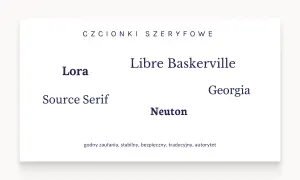 Najpopularniejsze czcionki szeryfowe: Lora, Libre Baskerville, Georgia, Source Serif, Neuton. Kojarzone z zaufaniem i tradycją.