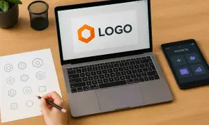 Projektowanie logo: na ekranie laptopa widnieje pomarańczowy sześciokąt i napis "LOGO", obok szkice kształtów, tablet z widżetami. favicon svg.