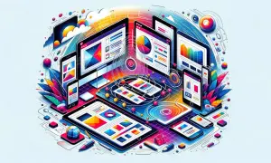 Kolorowa wizualizacja urządzeń (komputery, tablety, telefony) z elementami interfejsu, symbolizująca adaptive web design.