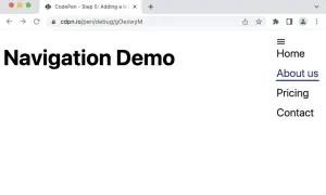 Strona demonstracyjna nawigacji z menu CSS. Widoczny tytuł "Navigation Demo" i lista opcji: Home, About us, Pricing, Contact.