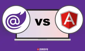 Porównanie Blazor vs Angular: ikony technologii na tle laptopa.