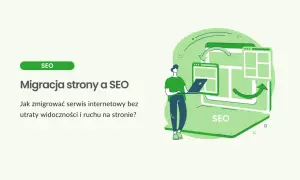 Ilustracja przedstawia migrację strony internetowej z zachowaniem SEO. Osoba z laptopem zarządza procesem, a strzałki symbolizują płynne przekierowanie.