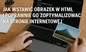Ręce nad klawiaturą laptopa, na ekranie kod HTML, a w dłoni zdjęcie góry. Jak wstawić obrazek w HTML i poprawnie go zoptymalizować na stronie internetowej.