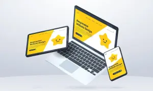 Laptop, tablet i smartfon prezentują projekt strony internetowej. Uśmiechnięta gwiazdka na żółtym tle.