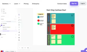 Start-Stop-Continue Chart z legendą i notatkami, elementem **stack technologiczny** w aplikacji ClickUp.