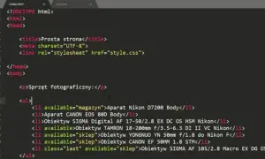 Kod HTML z listą sprzętu fotograficznego, gdzie selektory CSS będą stylizować elementy.