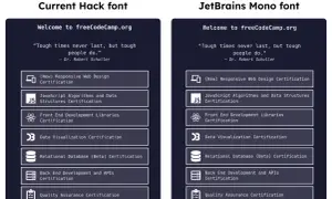Porównanie czcionek: po lewej "Current Hack font", po prawej "JetBrains Mono font". Oba bloki prezentują listę certyfikatów freeCodeCamp.org.