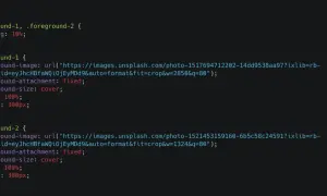 Kod CSS z dwoma elementami tła, oba z `background-attachment: fixed;` i `background-size: cover;`.