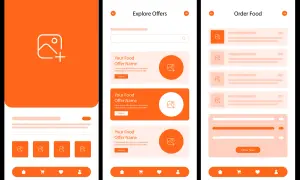 Przykłady layoutu aplikacji mobilnej: ekran główny z ikoną dodawania, przegląd ofert z opisami i przyciskiem "Explore", oraz ekran zamówienia jedzenia z listą produktów.