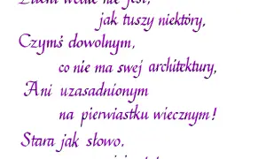 Fioletowa, pochylona czcionka na białym tle. Wiersz o literze, która nie jest przypadkowa, lecz ma swoją architekturę i jest wieczna.