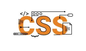 Grafika z napisem CSS, symbolami kodu, ołówkiem i dokumentem. Ilustruje tworzenie stron i **css pozycjonowanie**.