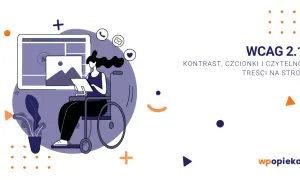 Ilustracja przedstawia kobietę na wózku inwalidzkim pracującą przy komputerze, symbolizującą **przekształcanie tekstu** i dostępność cyfrową.
