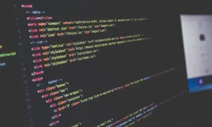 Kod HTML i CSS na ekranie, tworzący strukturę strony internetowej. Widoczne linki do plików stylów, w tym `theme.css`.