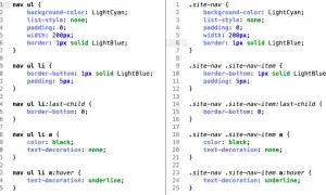 Fragmenty kodu CSS pokazujące style dla nawigacji, w tym definicje dla selektorów `nav ul` i `.site-nav` oraz ich elementów potomnych, z zastosowaniem `css class`.