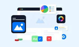 Grafika przedstawia elementy interfejsu użytkownika, takie jak wykresy, ikony i pola tekstowe, sugerujące tworzenie strony internetowej lub aplikacji, być może w technologii php blog.