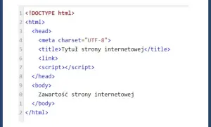 Podstawowa struktura html z tagami head i body, gotowa na dodanie zawartości strony internetowej.