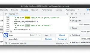 Narzędzie deweloperskie w przeglądarce, panel "Sources", pokazuje kod JavaScript. Widać pole wyszukiwania i zamiany tekstu, gdzie szukane jest "creds" do zamiany na "credentials".