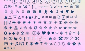 Zbiór znaków specjalnych: cyfry, symbole, figury geometryczne, nuty, krzyże, serca, telefony, emotikony i inne.