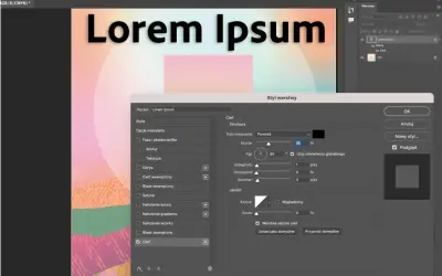 Styl warstwy z opcją "Cień" dla tekstu "Lorem Ipsum", gdzie litery z cieniem nabierają głębi.