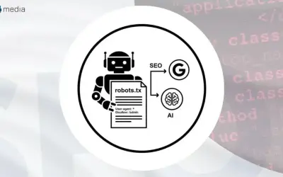 Grafika przedstawia robota trzymającego plik robots.txt, który wpływa na SEO i AI, symbolizowane przez logo Google i mózg.