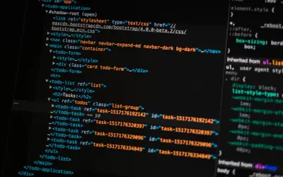 Kod źródłowy w języku html, pokazujący strukturę aplikacji z listą zadań.