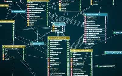 Diagram zależności komponentów w ramach web framework. Widoczne pliki .vue i .js z nazwami funkcji i metod.