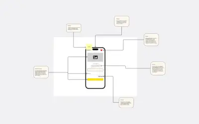 Wireframe co to? Schemat aplikacji mobilnej z opisem funkcji: dodawanie tekstu, emotikony, kształty, narzędzie pióro.