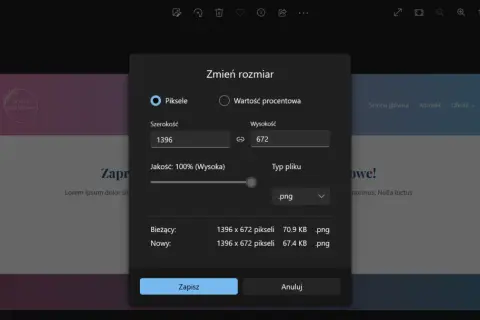 Okno dialogowe "Zmień rozmiar" pozwala na zmianę pixeli zdjęcia, wpisując nowe wartości szerokości i wysokości.