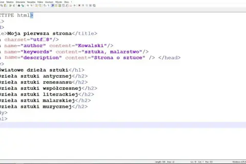 Kod źródłowy strony internetowej w języku polskim, zawierający strukturę HTML z nagłówkami i metadanymi opisującymi sztukę.
