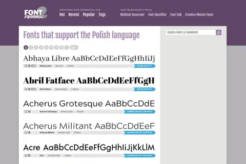 Strona Font Squirrel prezentuje czcionki wspierające język polski, w tym polskie znaki. Widać listę fontów: Abhaya Libre, Abril Fatface, Acherus Grotesque, Acherus Militant, Acre.