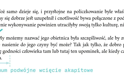 Fragment tekstu zaczynający się od nowego wiersza, z zaznaczonym "minimum podwójne wcięcie akapitowe".