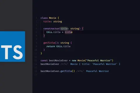 Kod TypeScript z klasą Movie, konstruktorem i metodą getTitle. Obok logo TypeScript. Użycie `js substring` w kontekście pobierania tytułu filmu.