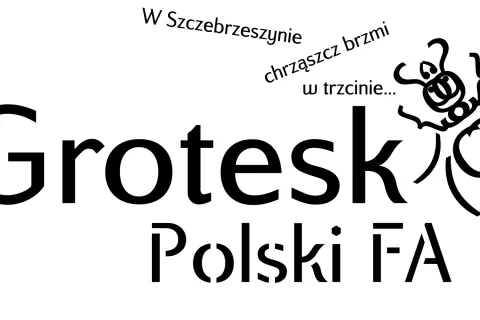 Grotesk Polski FA" z chrząszczem w tle. W Szczebrzeszynie chrząszcz brzmi w trzcinie... lorem ipsum po polsku.