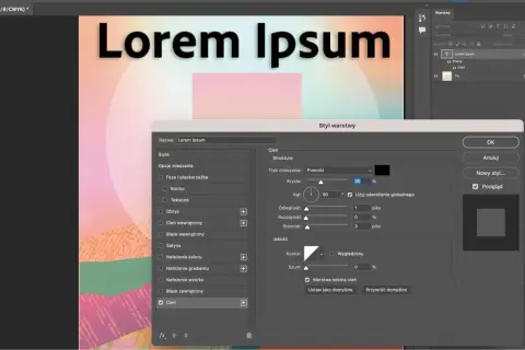 Styl warstwy z opcją "Cień" dla tekstu "Lorem Ipsum", gdzie litery z cieniem nabierają głębi.
