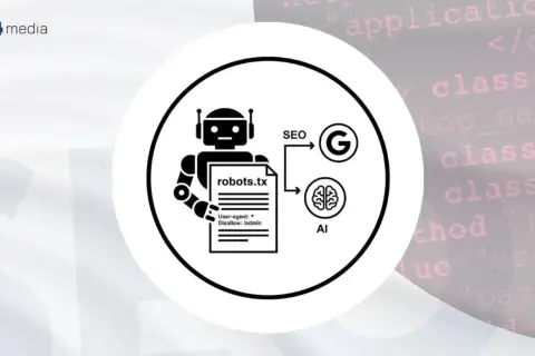 Grafika przedstawia robota trzymającego plik robots.txt, który wpływa na SEO i AI, symbolizowane przez logo Google i mózg.