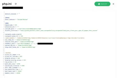 Konfiguracja php.ini z ustawieniami dla serwera, m.in. ścieżki, limity i opcje bezpieczeństwa.
