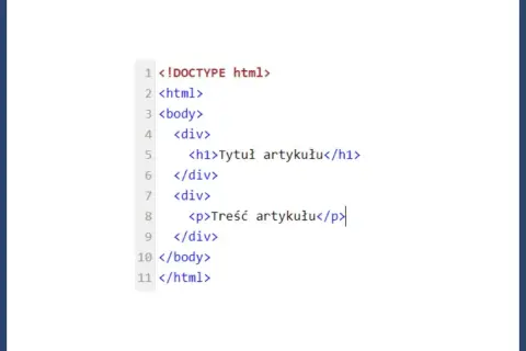 Kod HTML z nagłówkiem i akapitem. Widoczny jest znacznik `<h1>` dla tytułu i `p` dla treści artykułu.