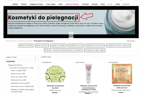 Strona z kosmetykami do pielęgnacji twarzy Sephora. Wiele produktów, w tym kremy, serum i maski.