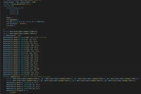 Kod JavaScript tworzący obiekty `circle` i dodający je do listy `moleculeList`. Funkcja `addobject` pozwala na dynamiczne `push` nowych kół.